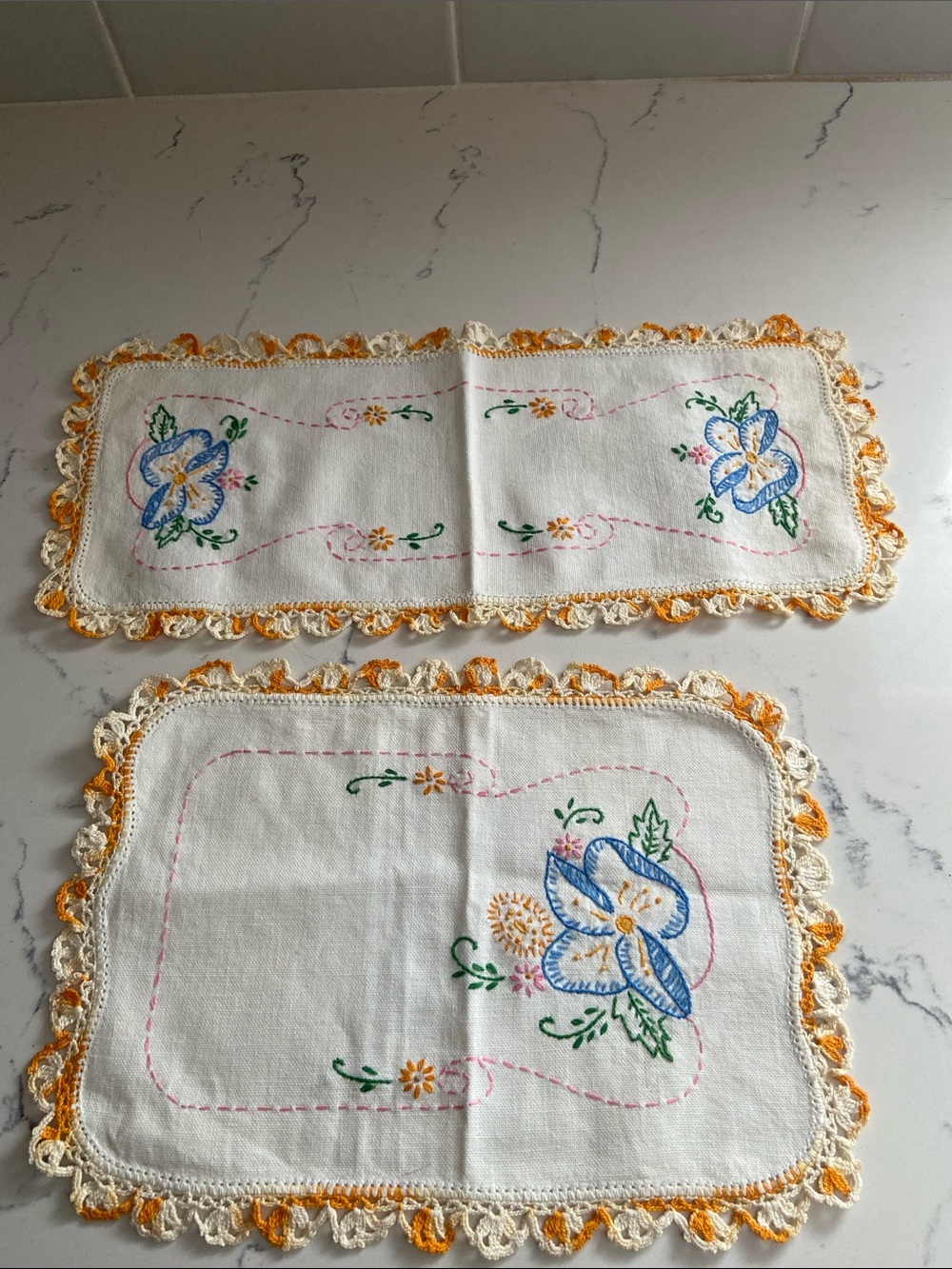 Vintage Hand Embroidered Floral Doilies Crochet Edge Set of 2
